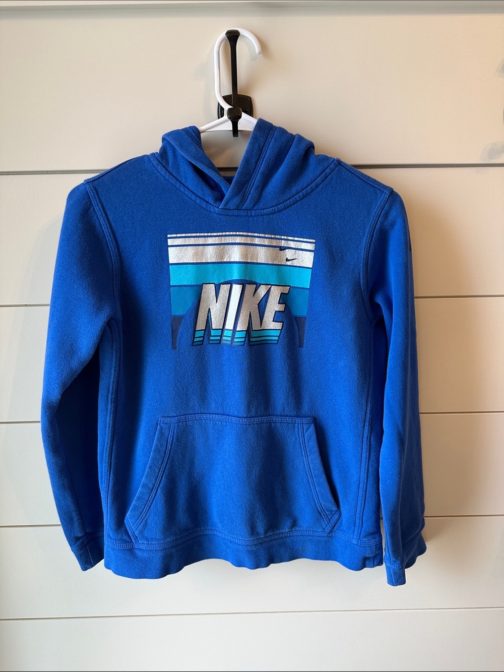 Nike big boys size L Royal Blue Hooded Sweatshirt with Striped Logo